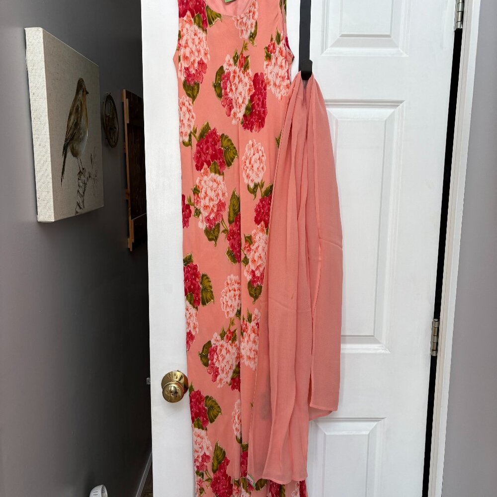Summer Peach Print Dress with Scarf